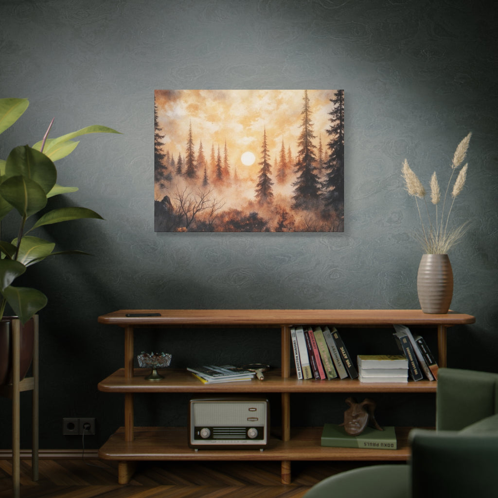 Canvas Wall Art - Misty Pine Forest Sunrise Matte Stretched Canvas