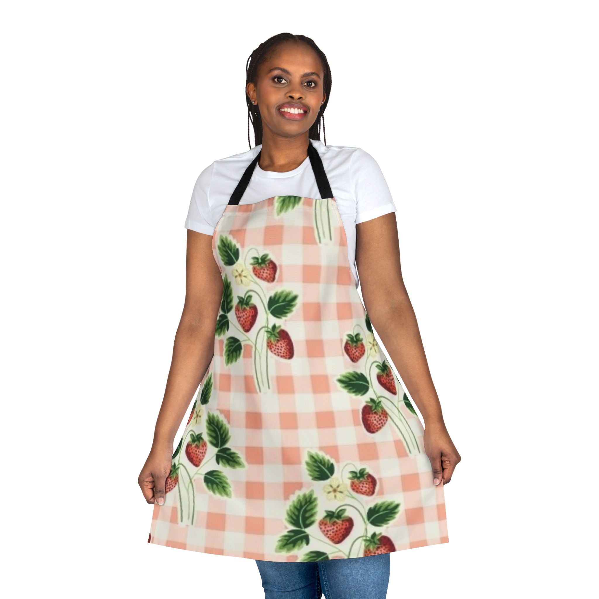 Strawberry Gingham Apron – Vintage Pink Kitchen Apron with Strawberry Print