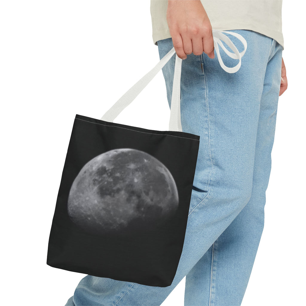 Full Moon Black Tote Bag — Moon Phase AOP Canvas Tote for Night Lovers