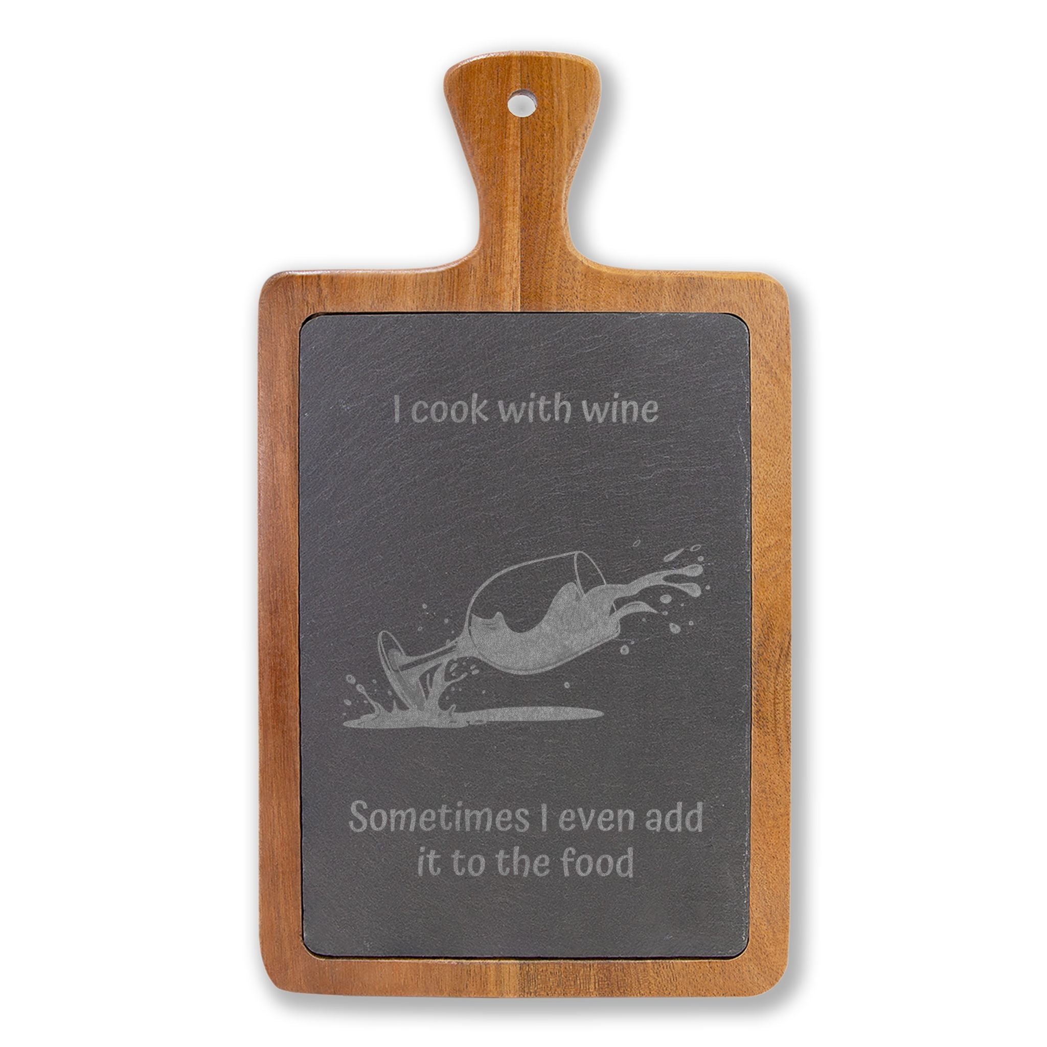 Engraved Wine Lover Charcuterie Board — "I cook with wine" Slate Serving Paddle