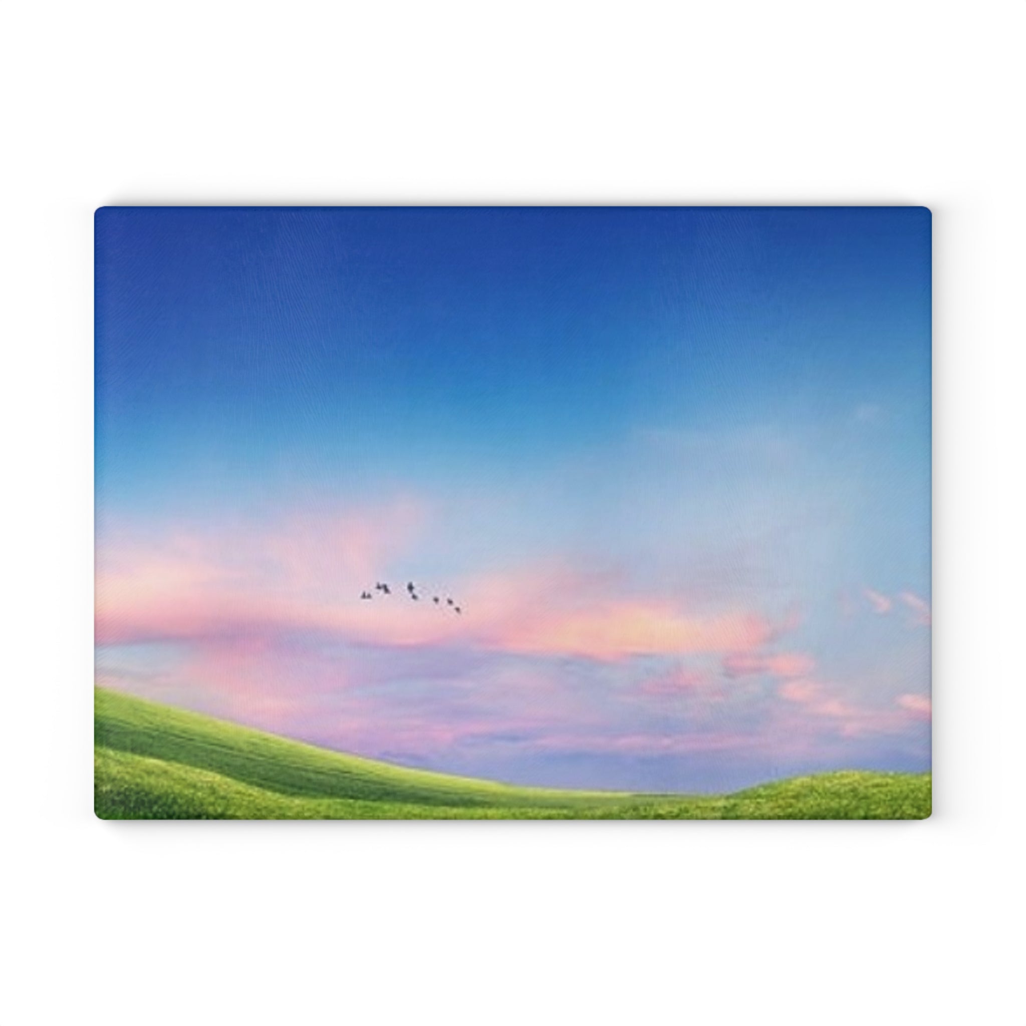 Glass Cutting Board - Pastel Sunrise Landscape with Flying Birds