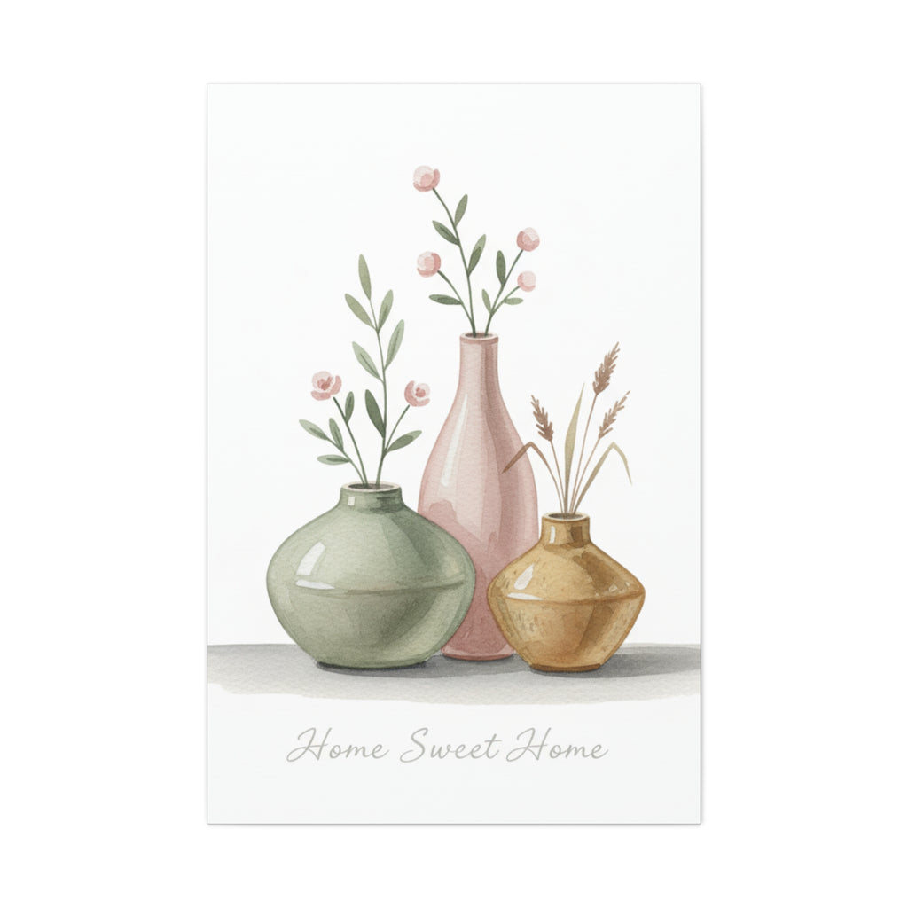 Home Sweet Home Canvas Wall Art — Pastel Vases Still Life Matte Stretched Canvas