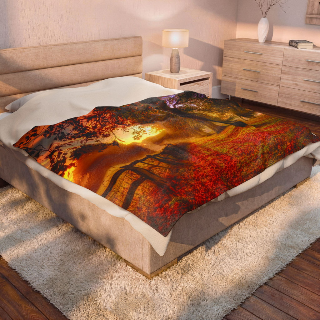 Velveteen Plush Blanket – Golden Autumn Forest Sunset Landscape