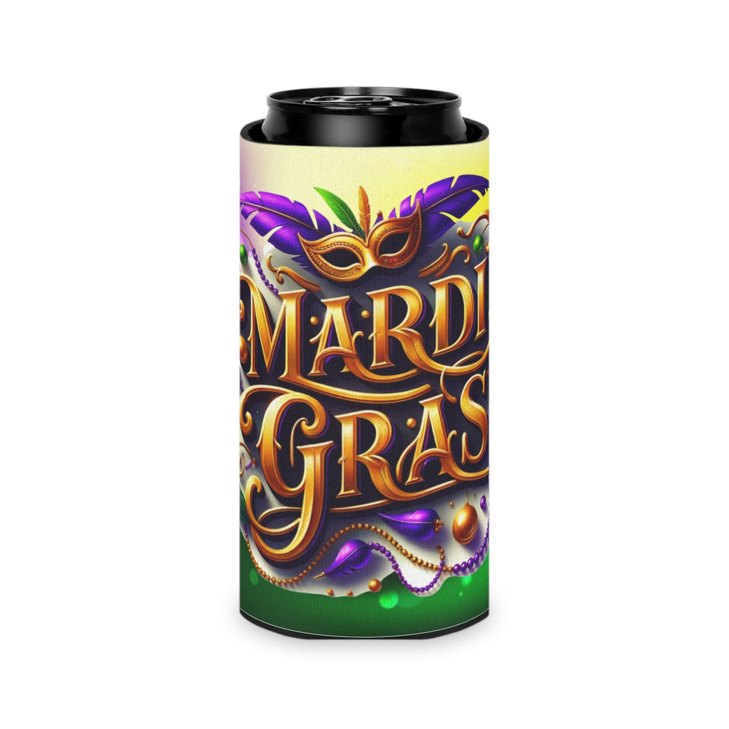 Mardi Gras Can Cooler – Festive Mask & Beads Neoprene Beer Koozie