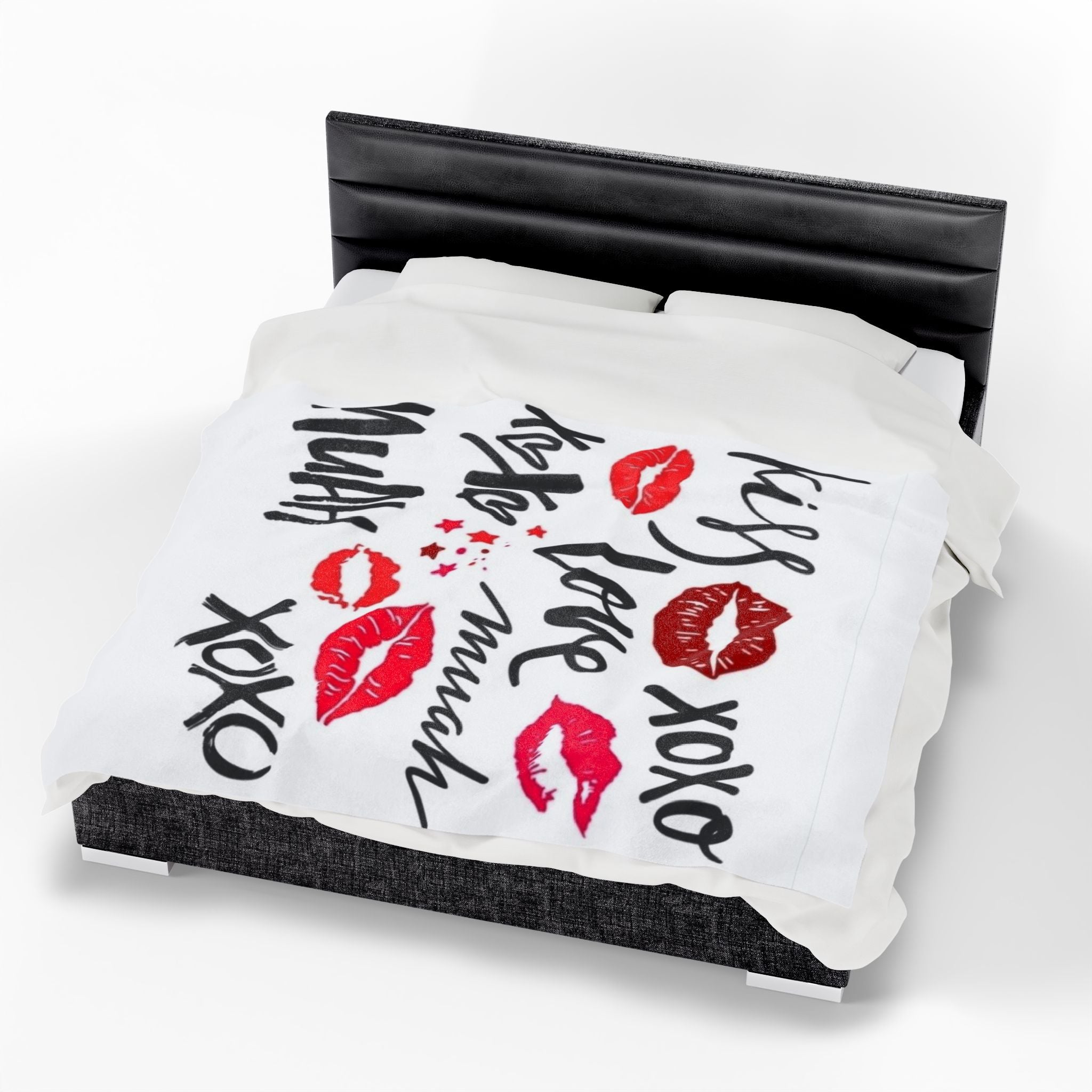 Velveteen Plush Blanket — XOXO Love Kiss Pattern, Romantic Valentine’s Throw