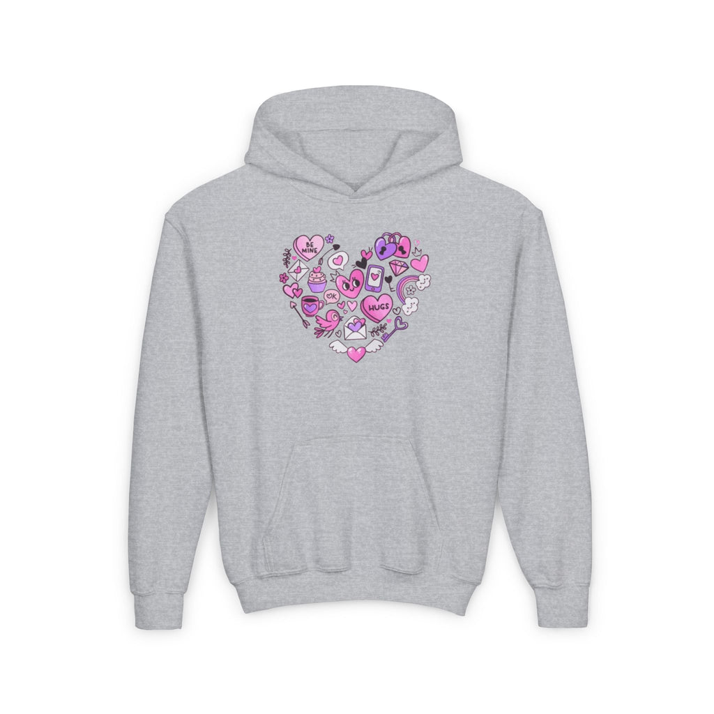 Youth Heart Doodle Hoodie — Pink Valentine Love Graphic Sweatshirt