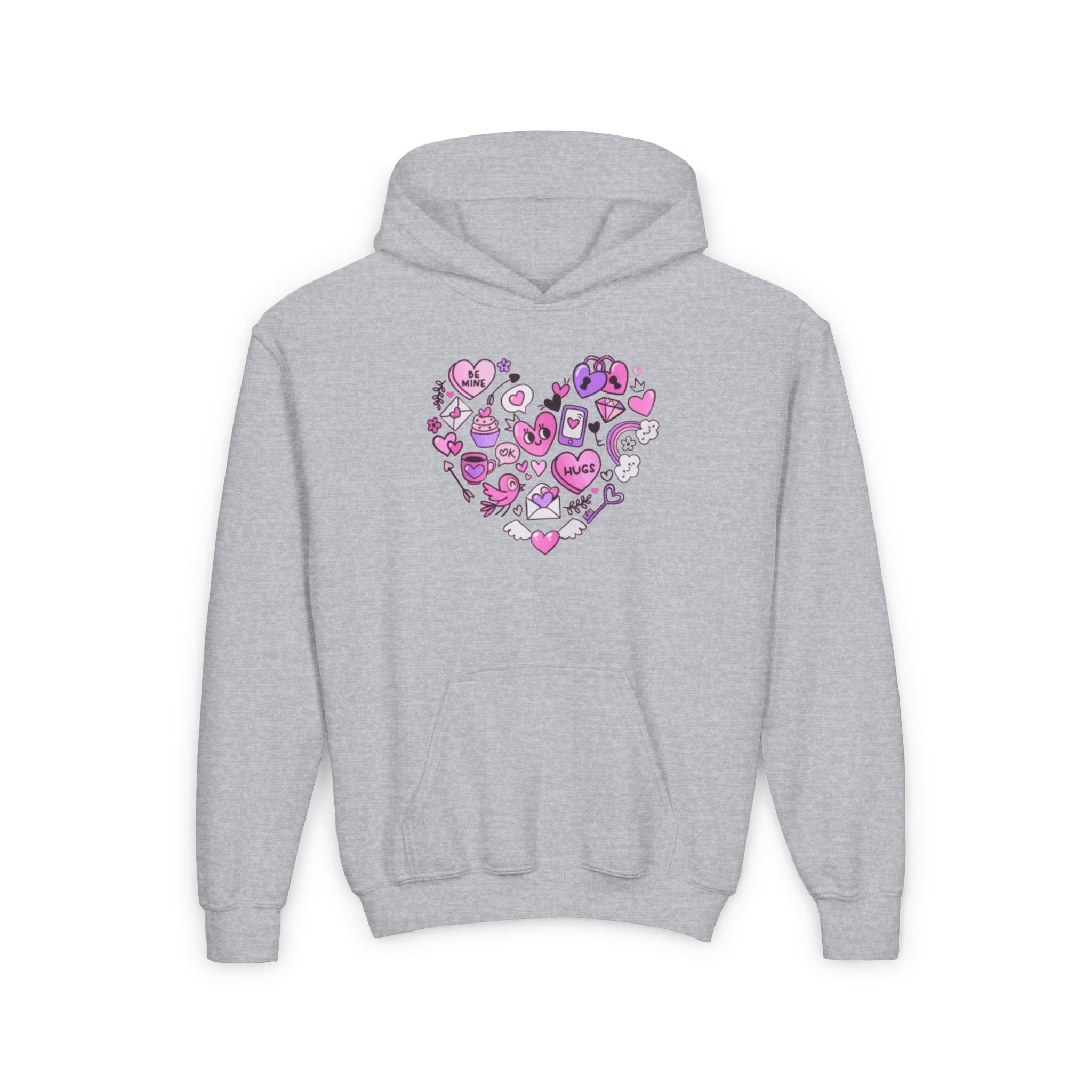 Youth Heart Doodle Hoodie — Pink Valentine Love Graphic Sweatshirt