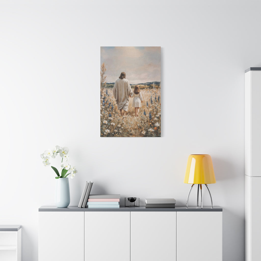 Jesus and Child Walking in Field Canvas Art - Religious Wall Decor