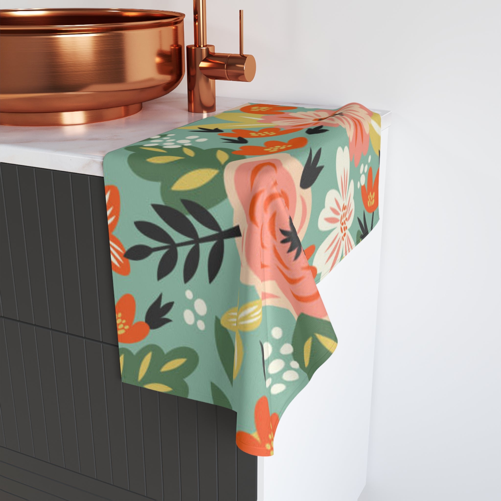 Floral Hand Towel — Coral & Teal Garden Bouquet