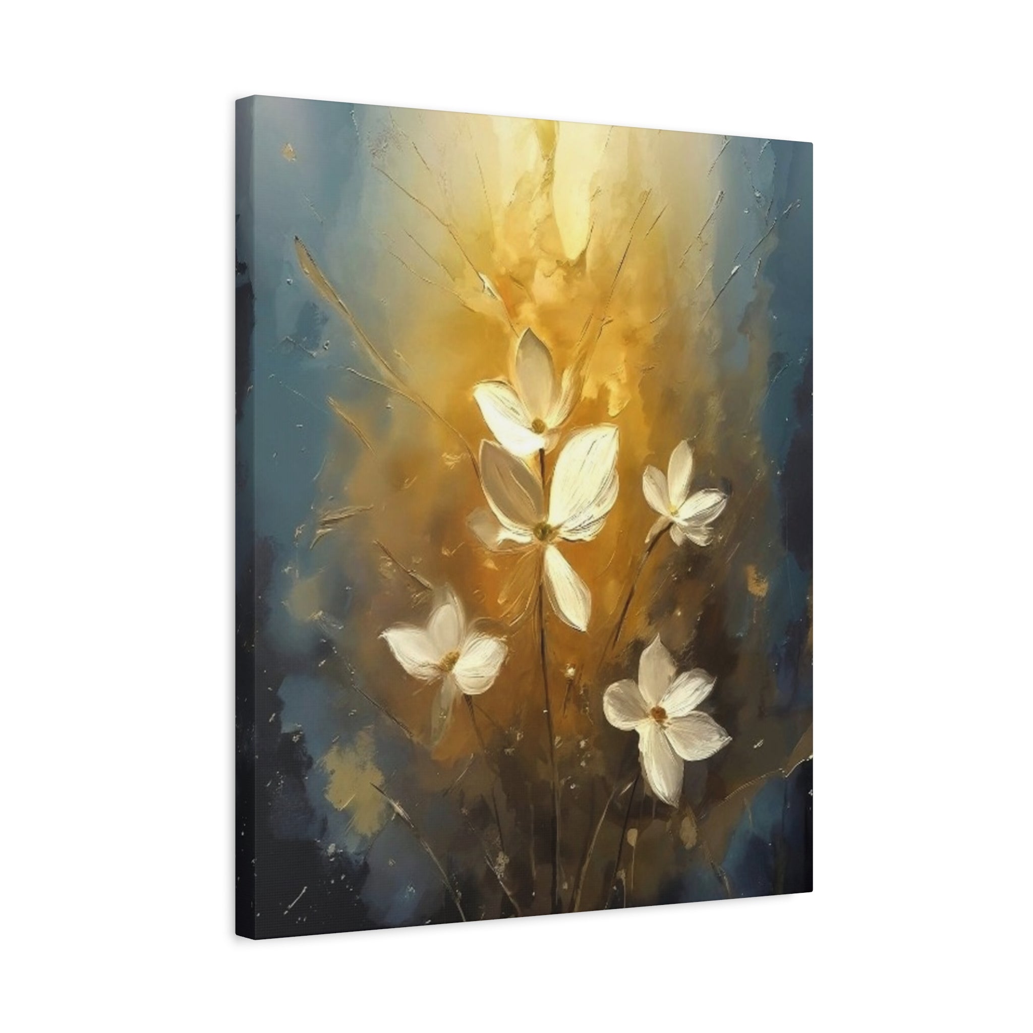 Golden Floral Canvas Print – Abstract White Flowers on Matte Stretched Canvas