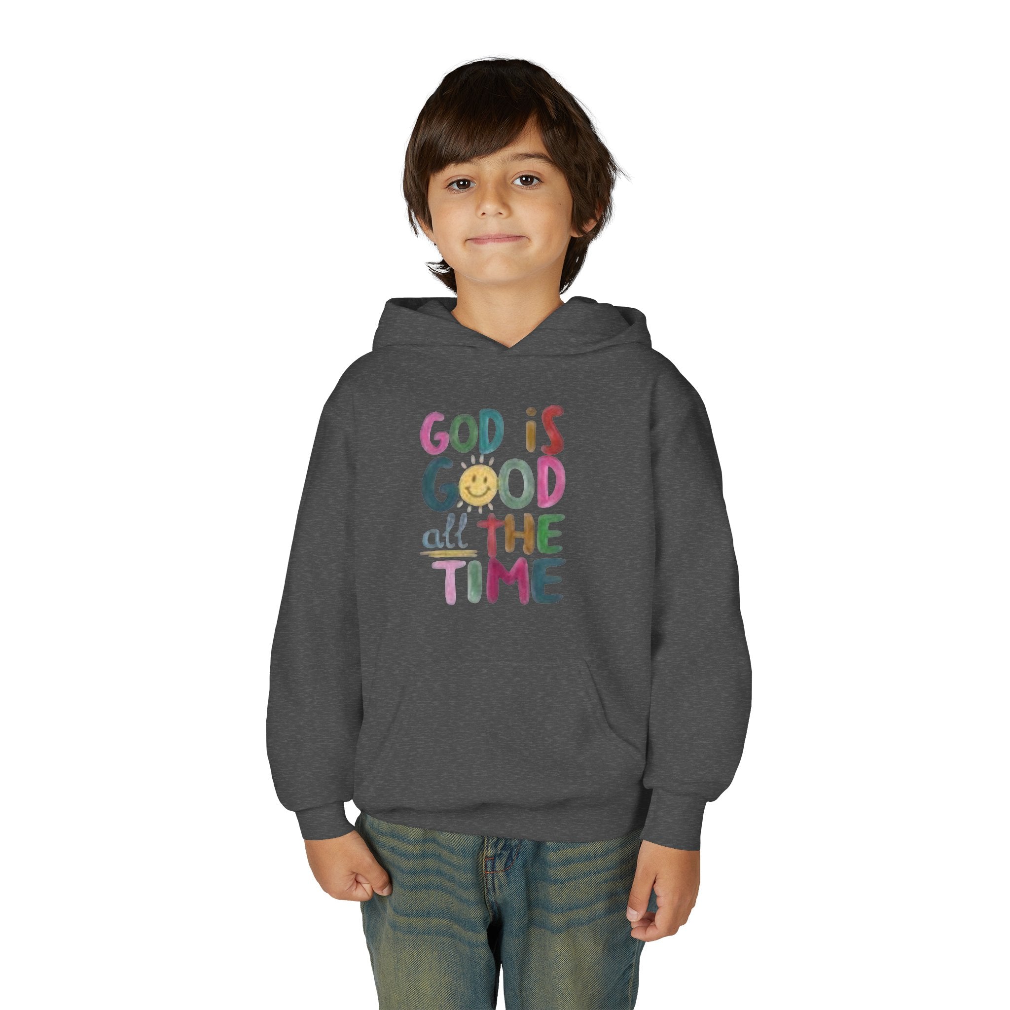 Youth Hoodie — "God Is Good All The Time" Colorful Faith Pullover