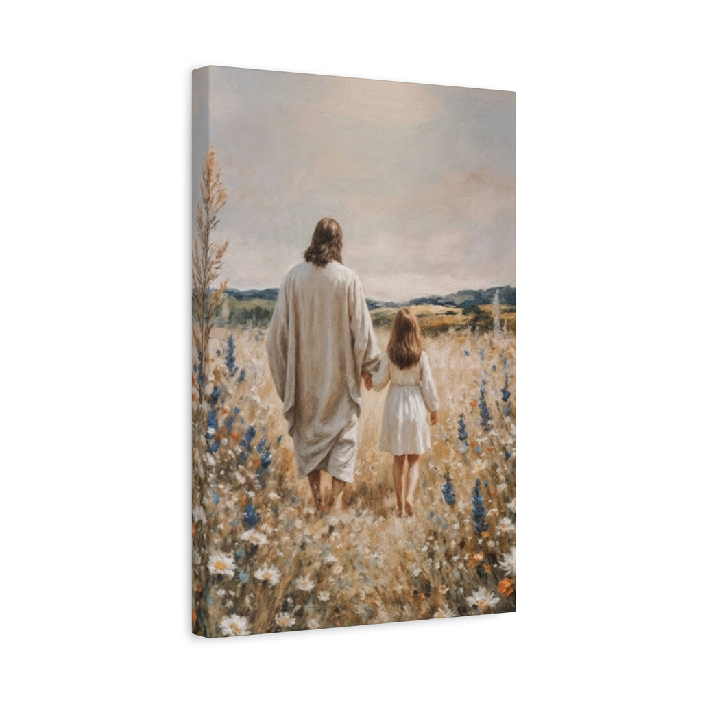 Jesus and Child Walking in Field Canvas Art - Religious Wall Decor