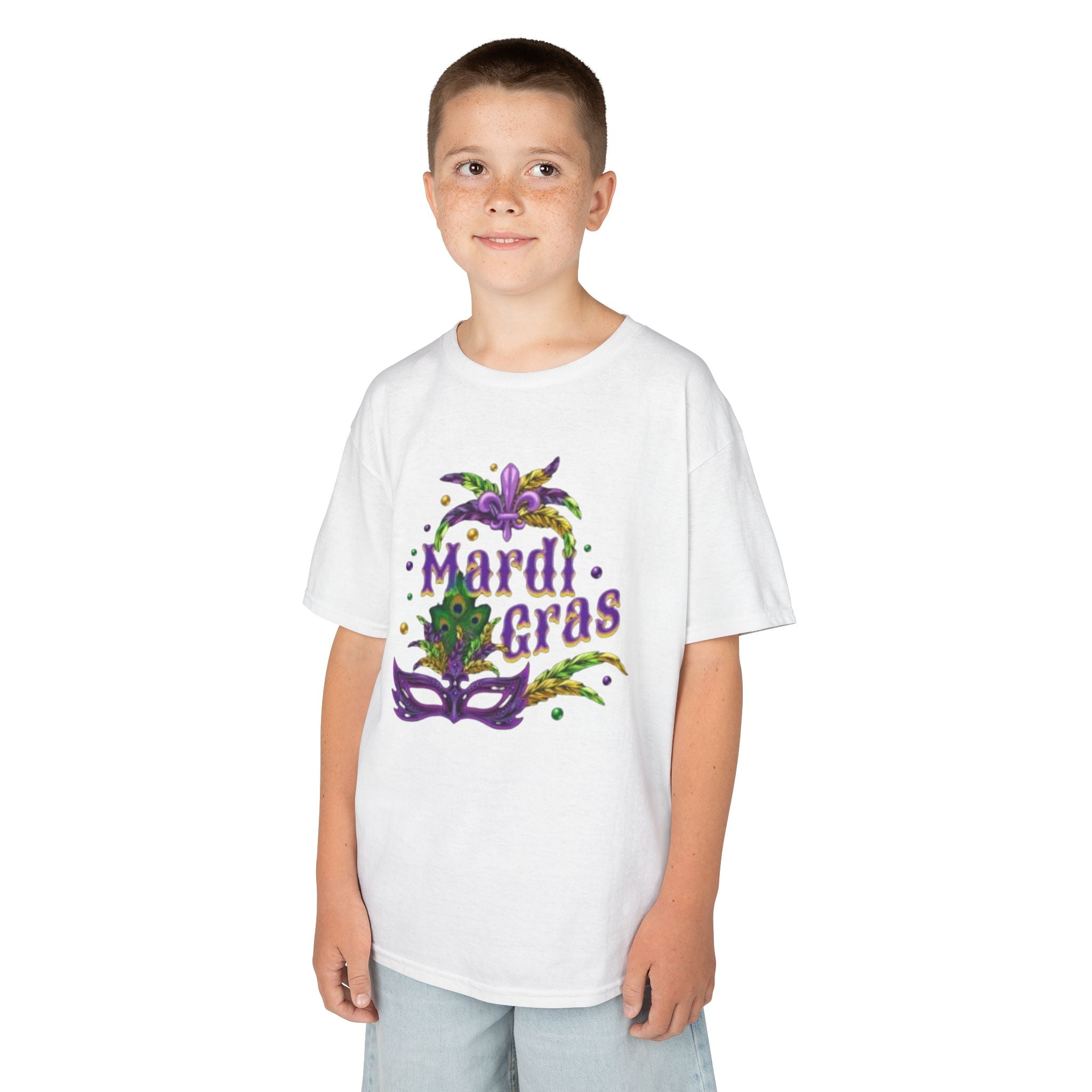 Kids Mardi Gras T-Shirt — Purple & Green Mask Design