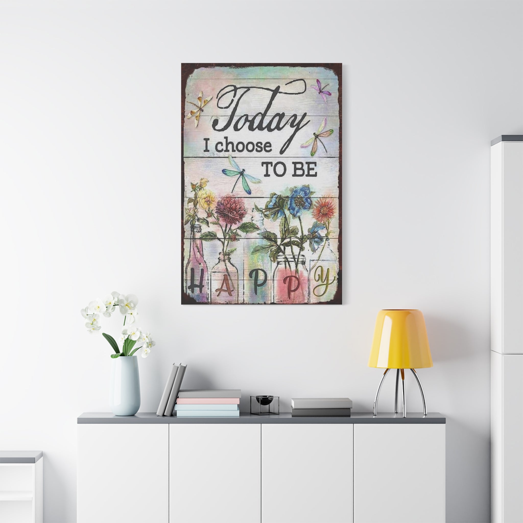 Today I Choose To Be Happy Canvas Wall Art — Floral Dragonfly Inspirational Quote