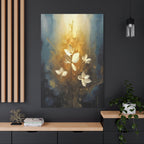 Golden Floral Canvas Print – Abstract White Flowers on Matte Stretched Canvas