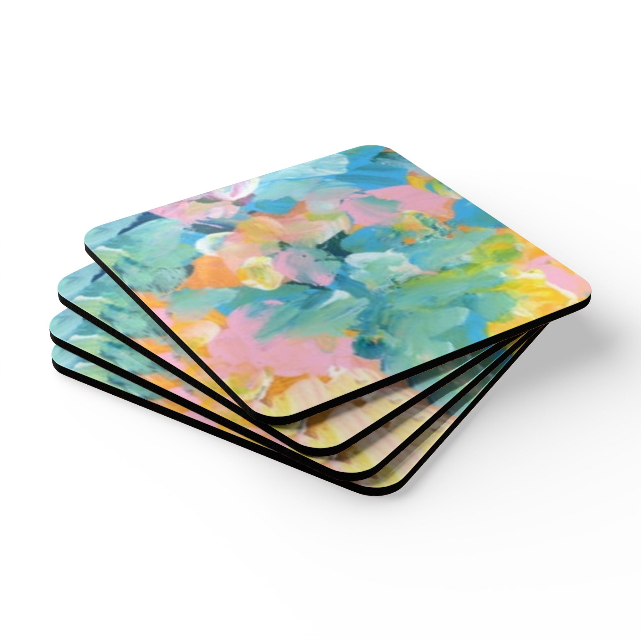 Abstract Pastel Floral Cork Coaster Set — Colorful Spring Drink Coasters (4-Pack)