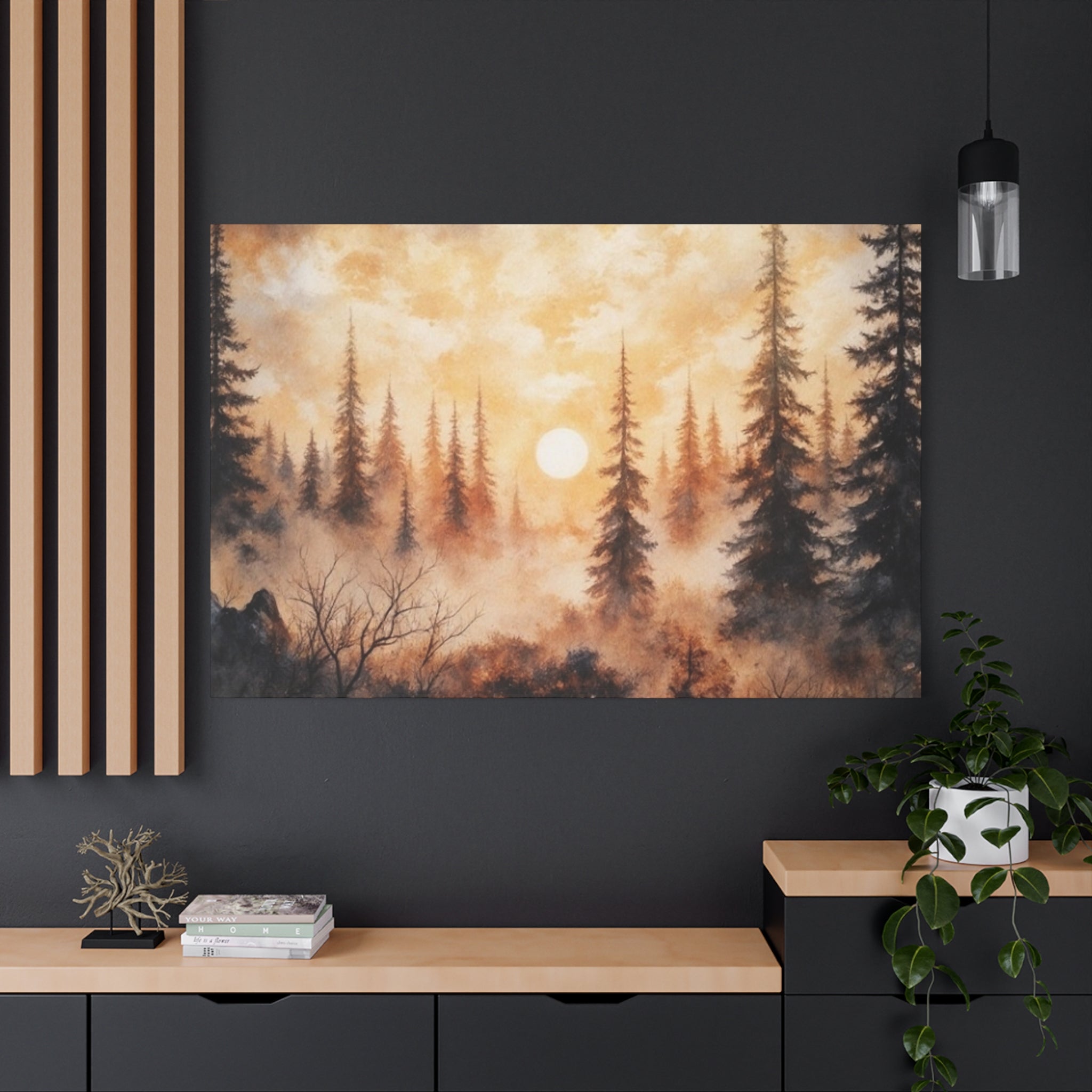Canvas Wall Art - Misty Pine Forest Sunrise Matte Stretched Canvas