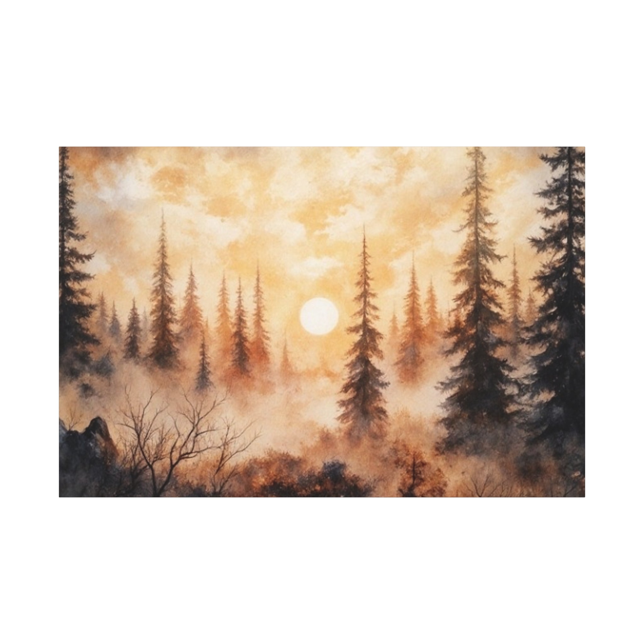 Canvas Wall Art - Misty Pine Forest Sunrise Matte Stretched Canvas