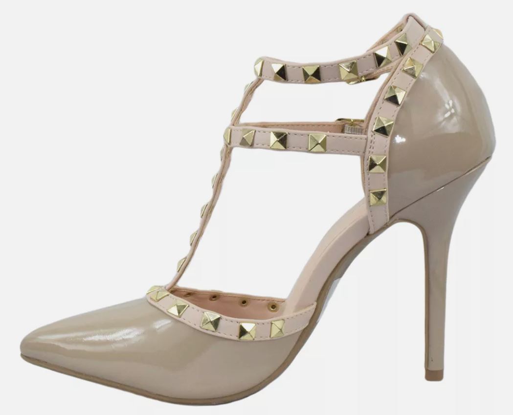 Wild Diva Women Stiletto Heels Pointy Toe Studded Pumps Strap ADORA64 Beige Nude-2