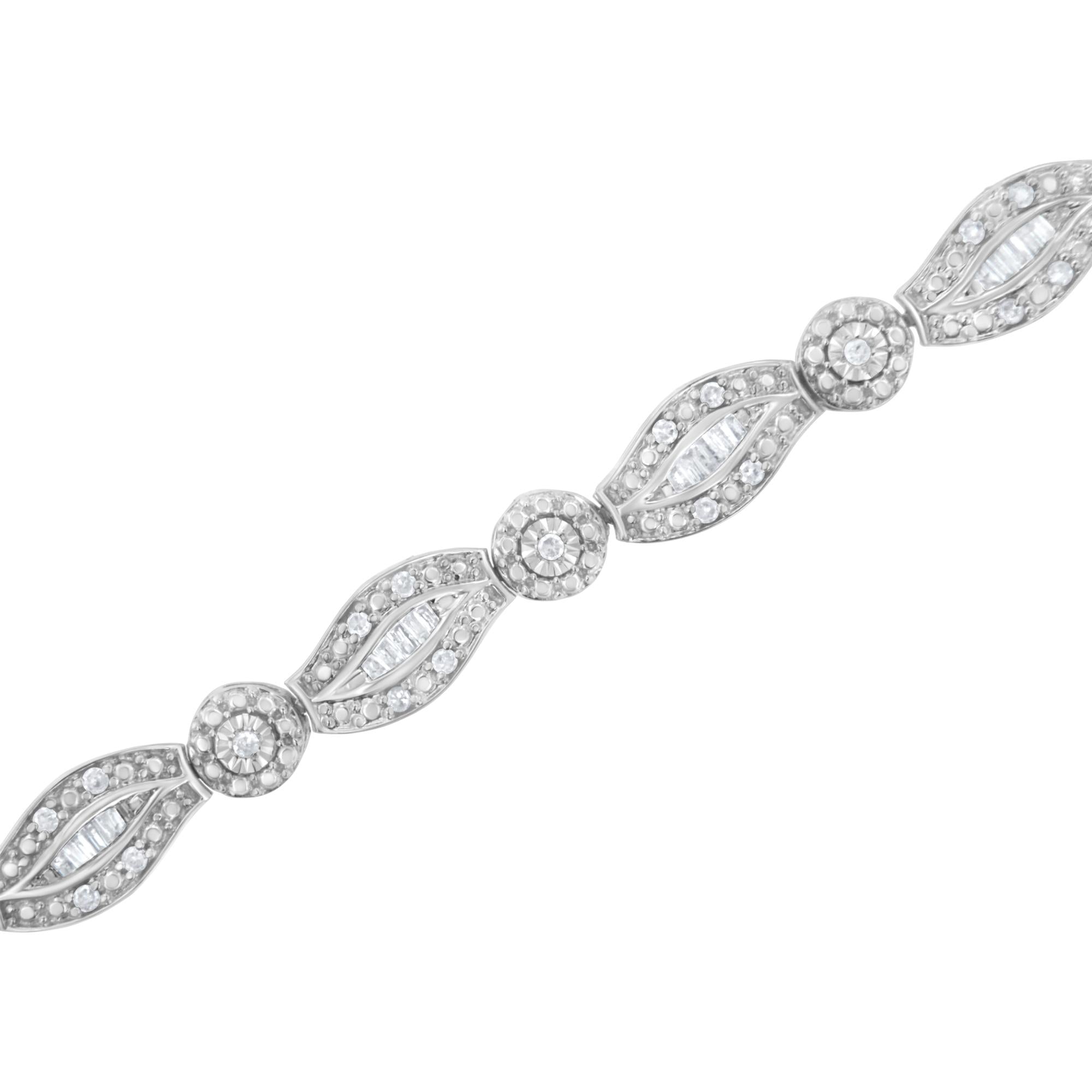 .925 Sterling Silver 1 cttw Diamond Double Leaf and Bezel Link Bracelet (I-J Clarity, I2-I3 Color) - Size 7.25"-3