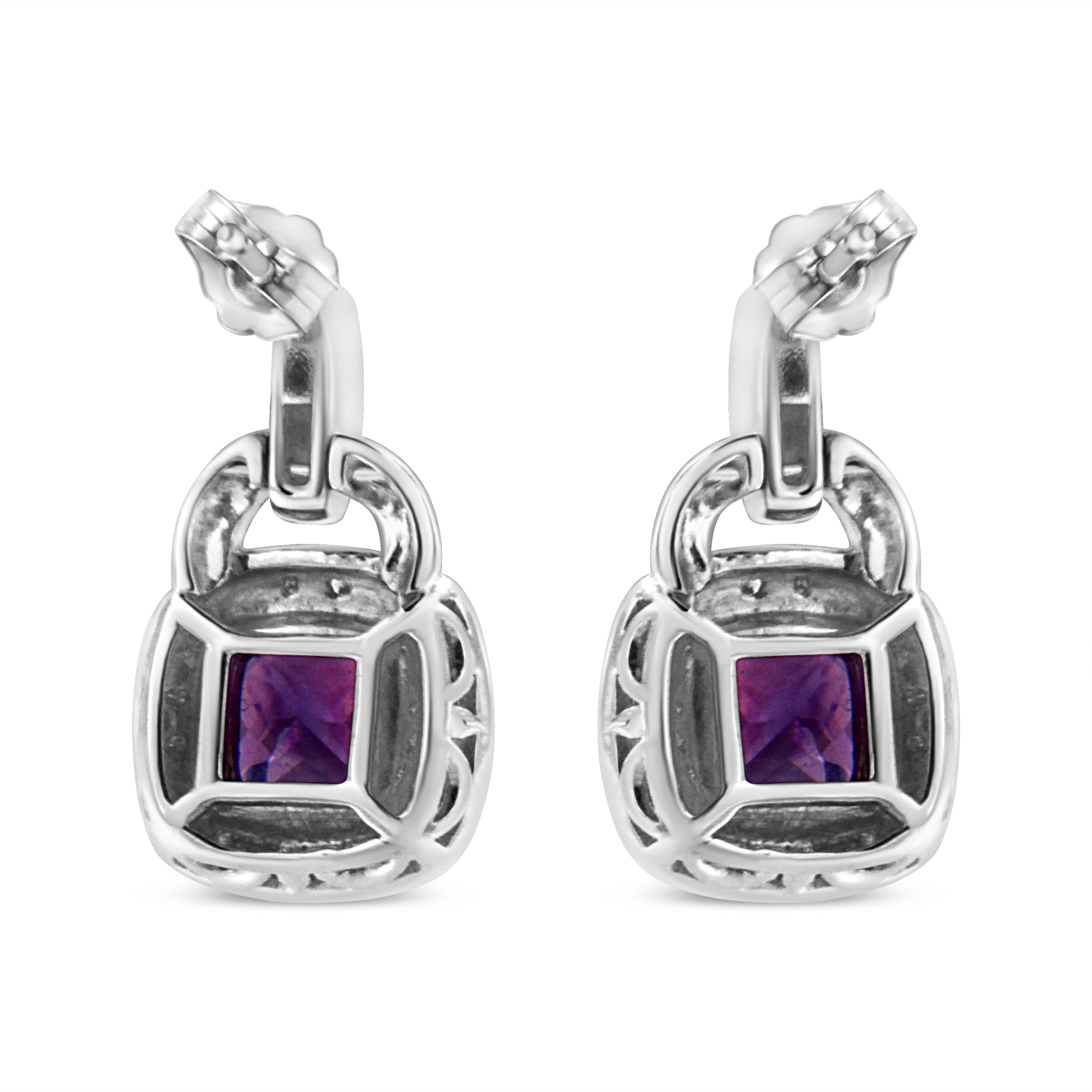 .925 Sterling Silver 8MM Natural Cushion Shaped Amethyst and Diamond Accent Halo with Push Back Dangle Earrings (I-J Color, I2-I3 Clarity)-3