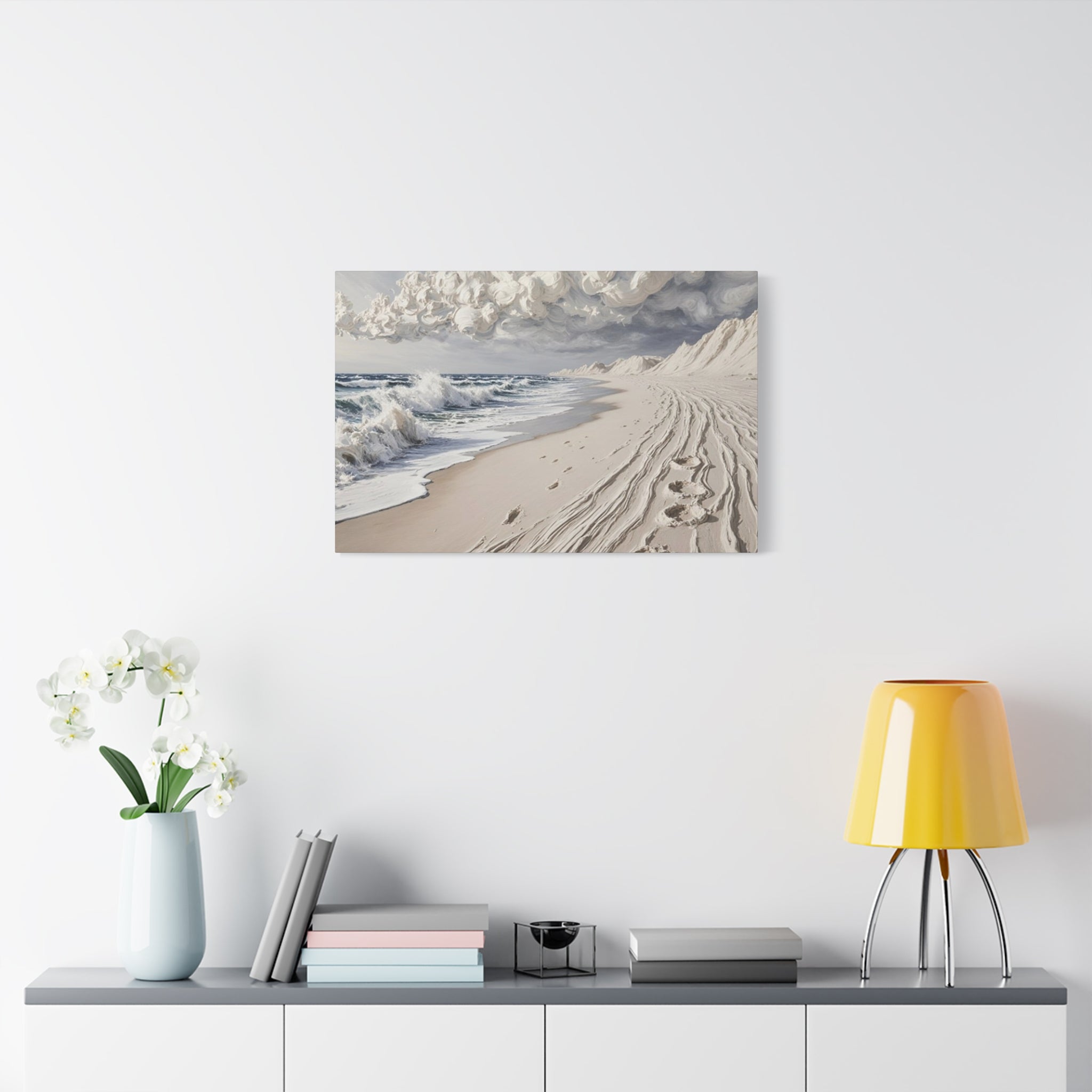 Coastal Serenity Matte Canvas Wall Art — Ocean Waves & Sandy Footprints