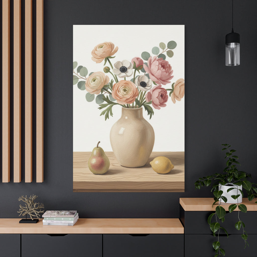Floral Vase Canvas Wall Art — Pastel Peonies & Ranunculus Stretched Print
