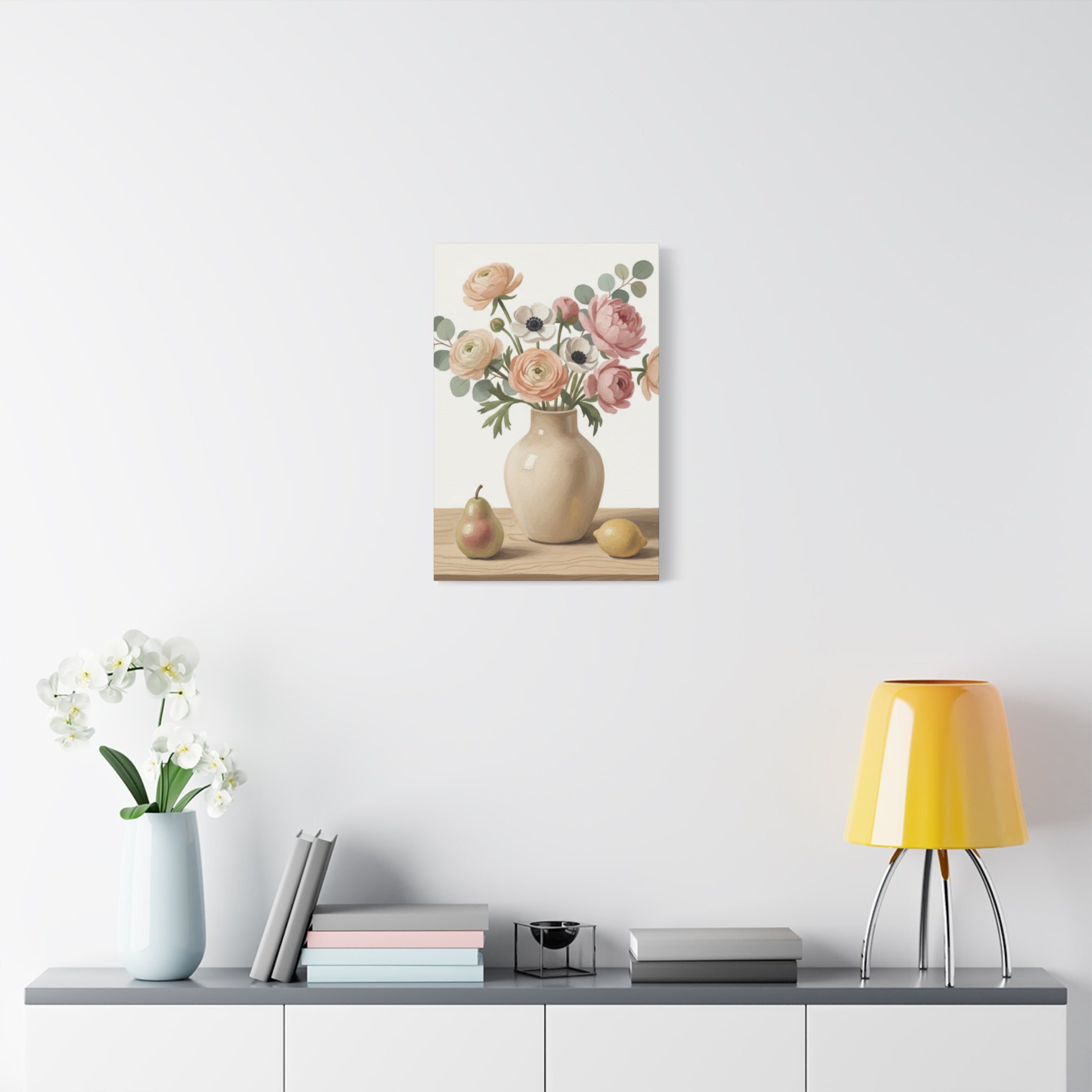 Floral Vase Canvas Wall Art — Pastel Peonies & Ranunculus Stretched Print