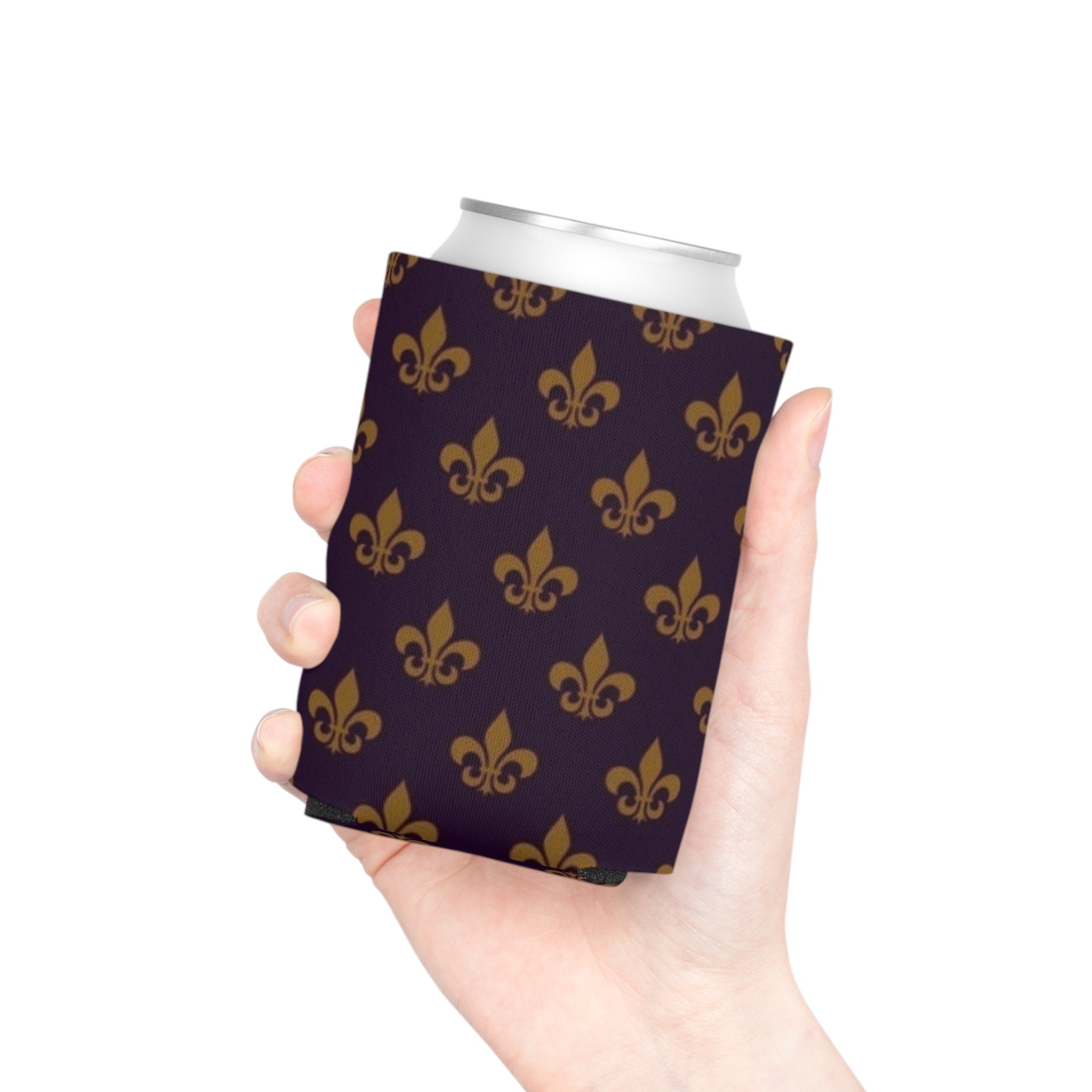 Fleur-de-Lis Can Cooler – Gold on Deep Purple Beverage Koozie