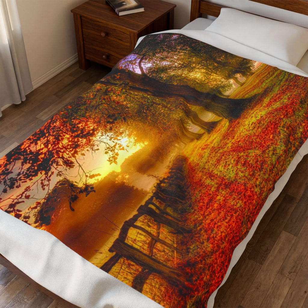 Velveteen Plush Blanket – Golden Autumn Forest Sunset Landscape