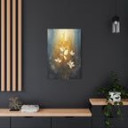 Golden Floral Canvas Print – Abstract White Flowers on Matte Stretched Canvas