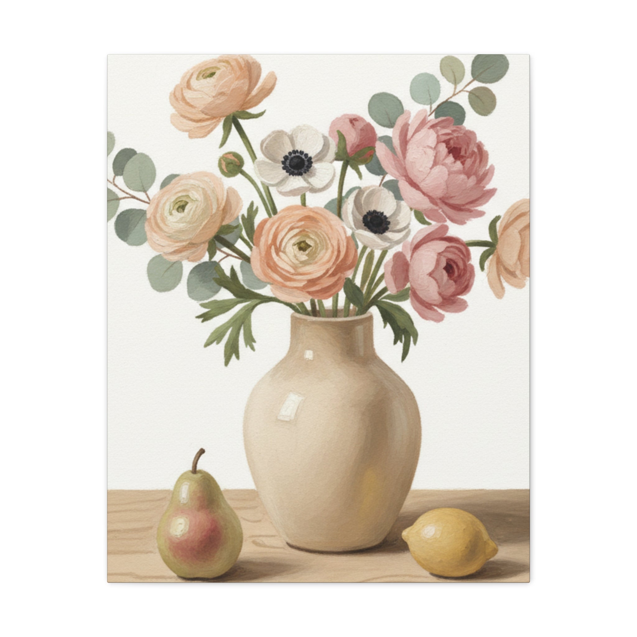 Floral Vase Canvas Wall Art — Pastel Peonies & Ranunculus Stretched Print