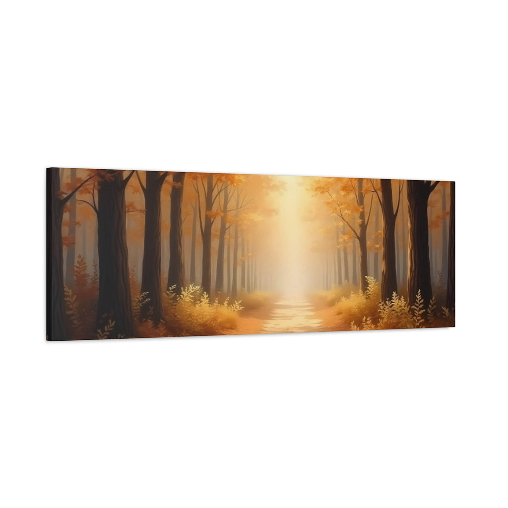 Autumn Forest Path Matte Canvas Wall Art — Golden Sunlit Woodland Scene