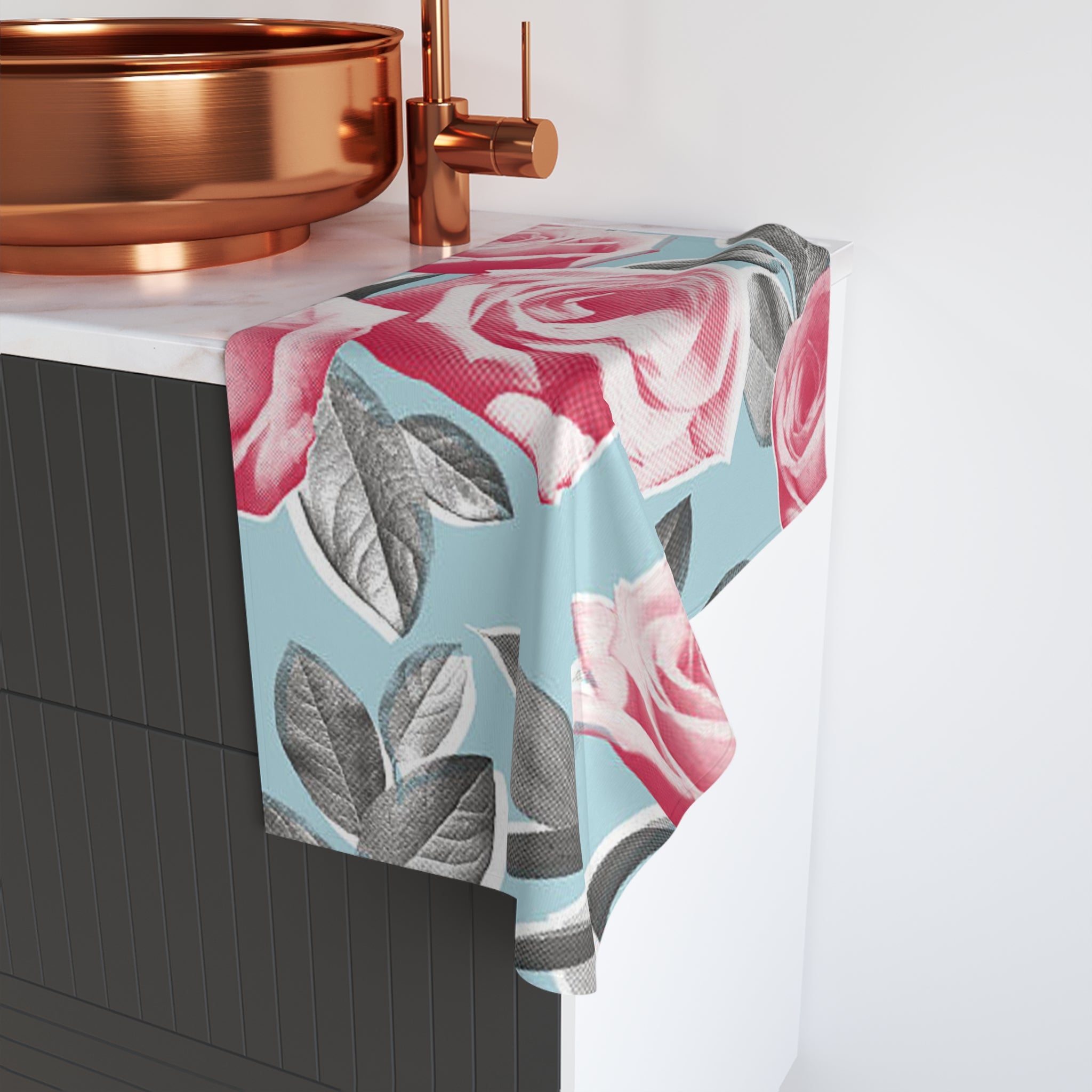 Floral Rose Hand Towel — Pink Roses on Sky Blue Decorative Kitchen & Bath Towel