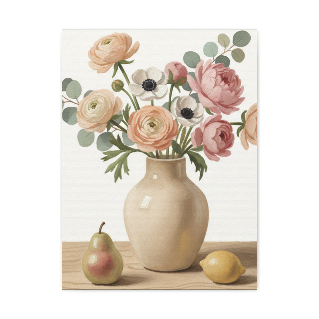 Floral Vase Canvas Wall Art — Pastel Peonies & Ranunculus Stretched Print