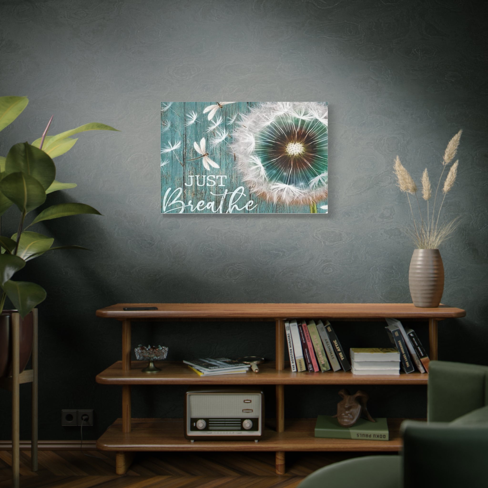 Canvas Wall Art — "Just Breathe" Dandelion Rustic Teal