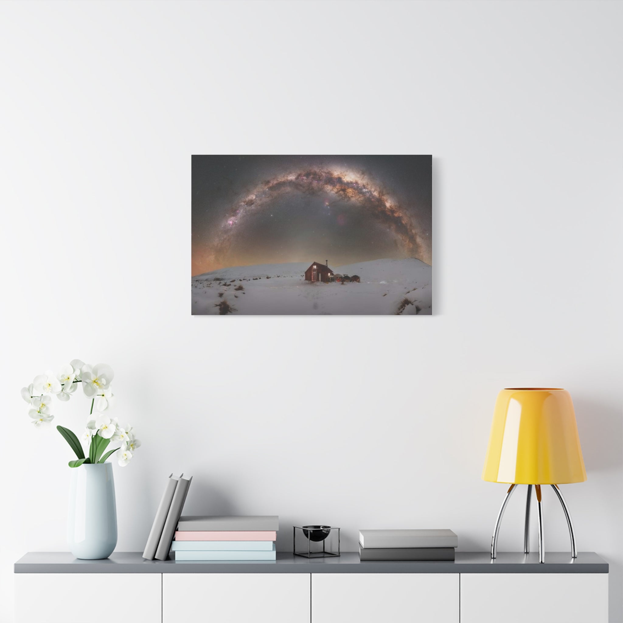 Milky Way Over Snowy Cabin — Matte Stretched Canvas Wall Art