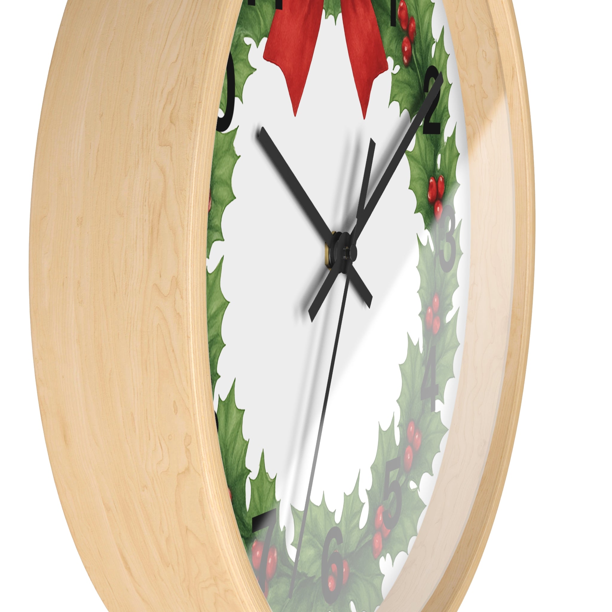Christmas Holly Wreath Wall Clock — Festive Red Bow Holiday Decor