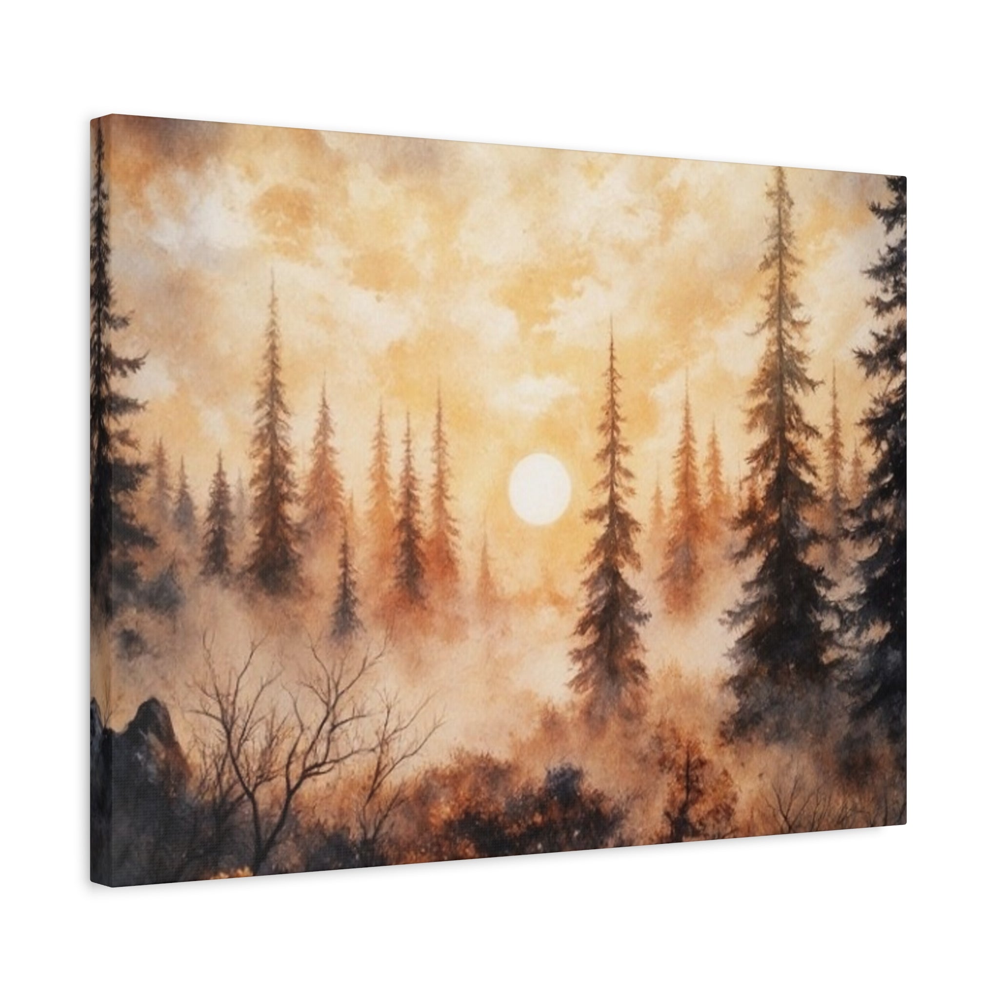 Canvas Wall Art - Misty Pine Forest Sunrise Matte Stretched Canvas
