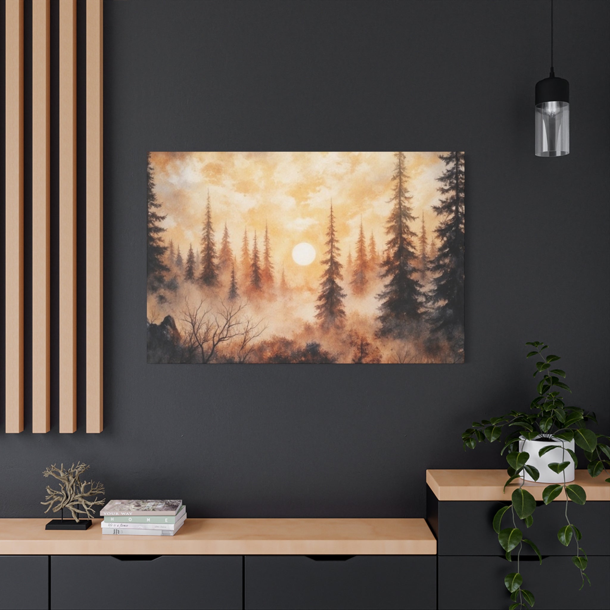 Canvas Wall Art - Misty Pine Forest Sunrise Matte Stretched Canvas