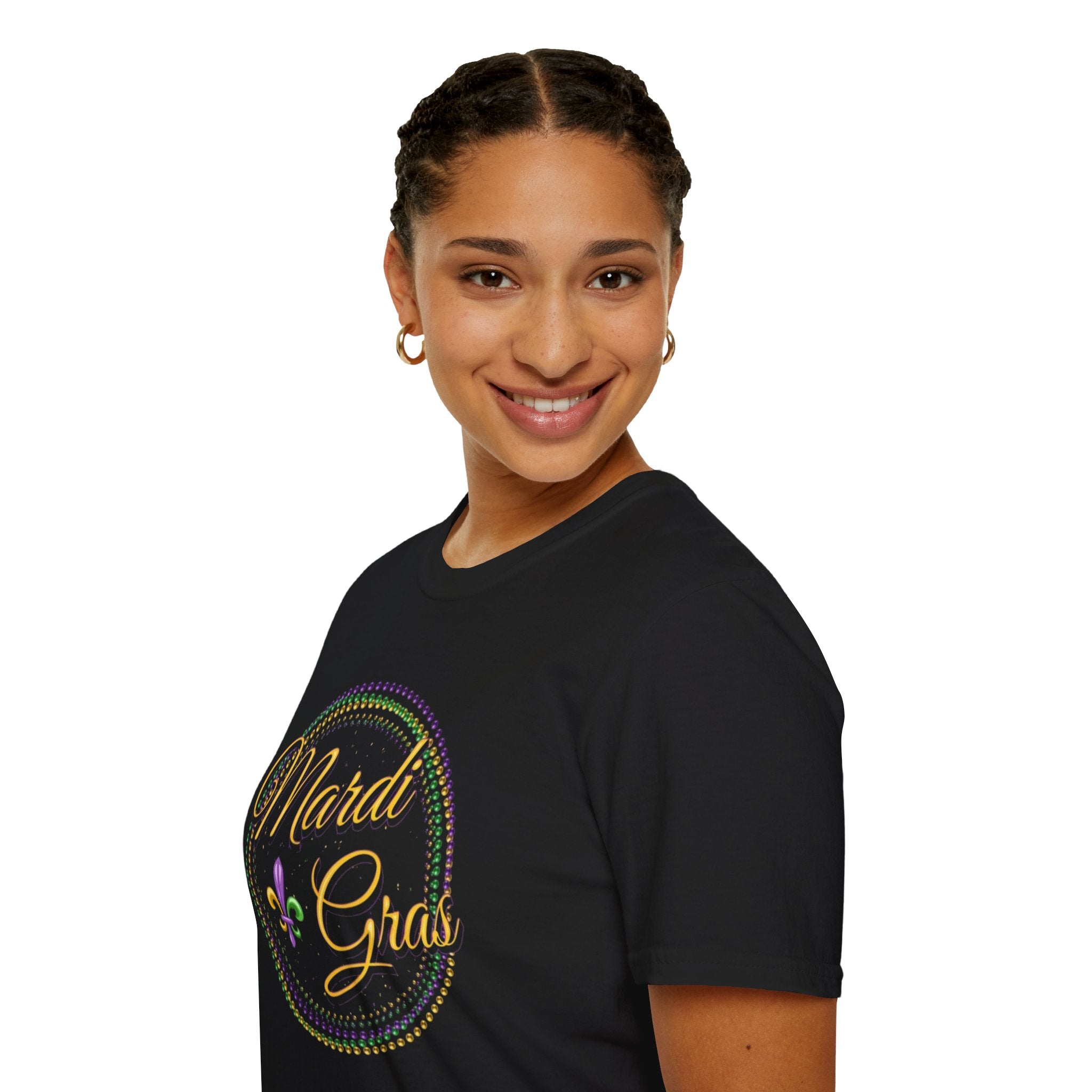 Mardi Gras T-Shirt — Purple Green Gold Beaded Fleur-de-Lis Celebration Tee