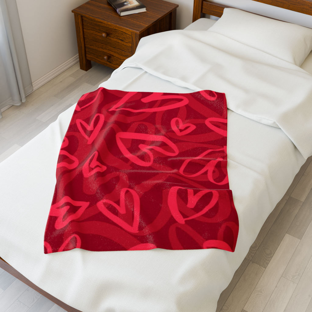 Plush Blanket — Red Heart Doodle Velveteen Throw (Valentine’s Day Gift)