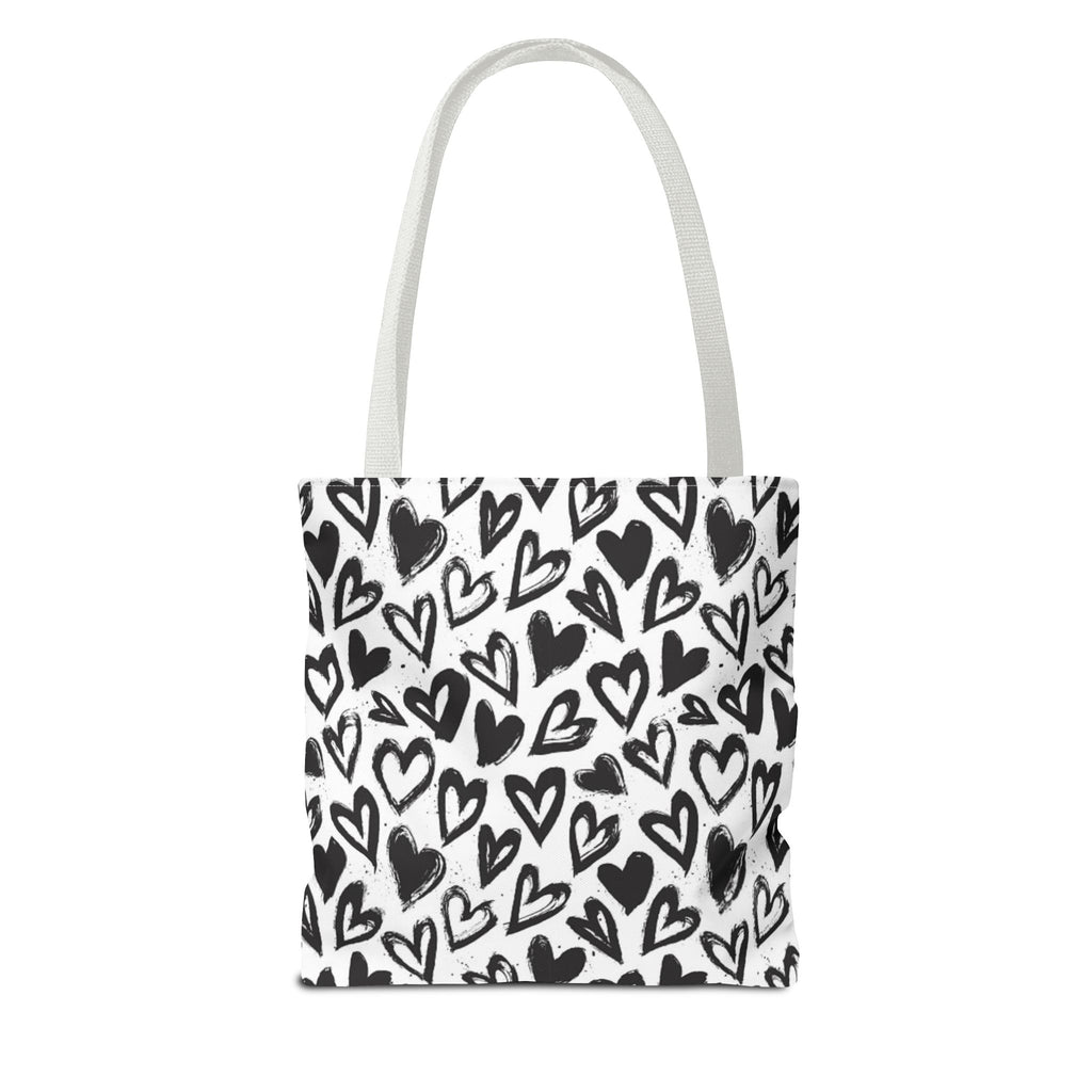 Heart Pattern Tote Bag — Black & White Hand-Drawn Hearts All-Over Print