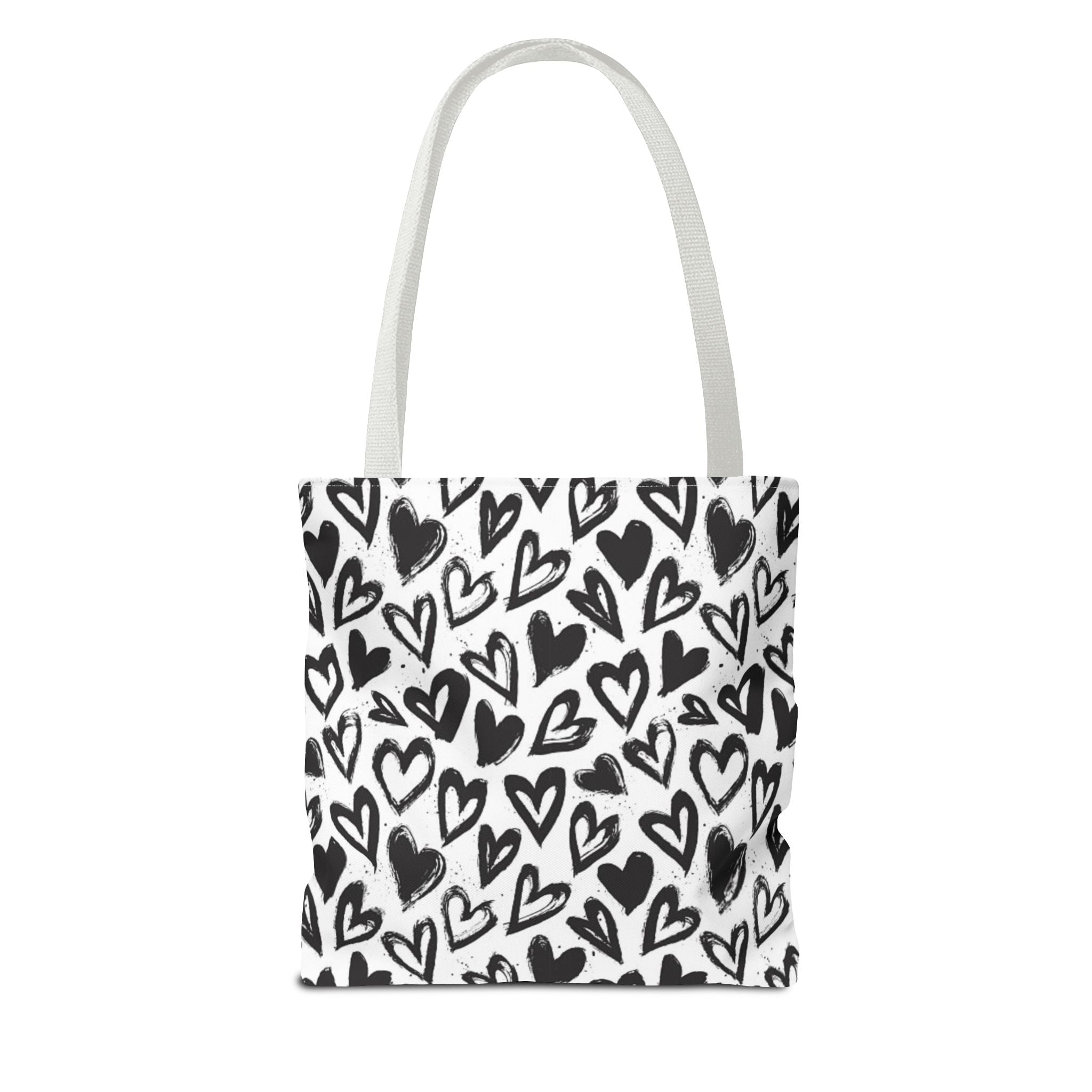 Heart Pattern Tote Bag — Black & White Hand-Drawn Hearts All-Over Print