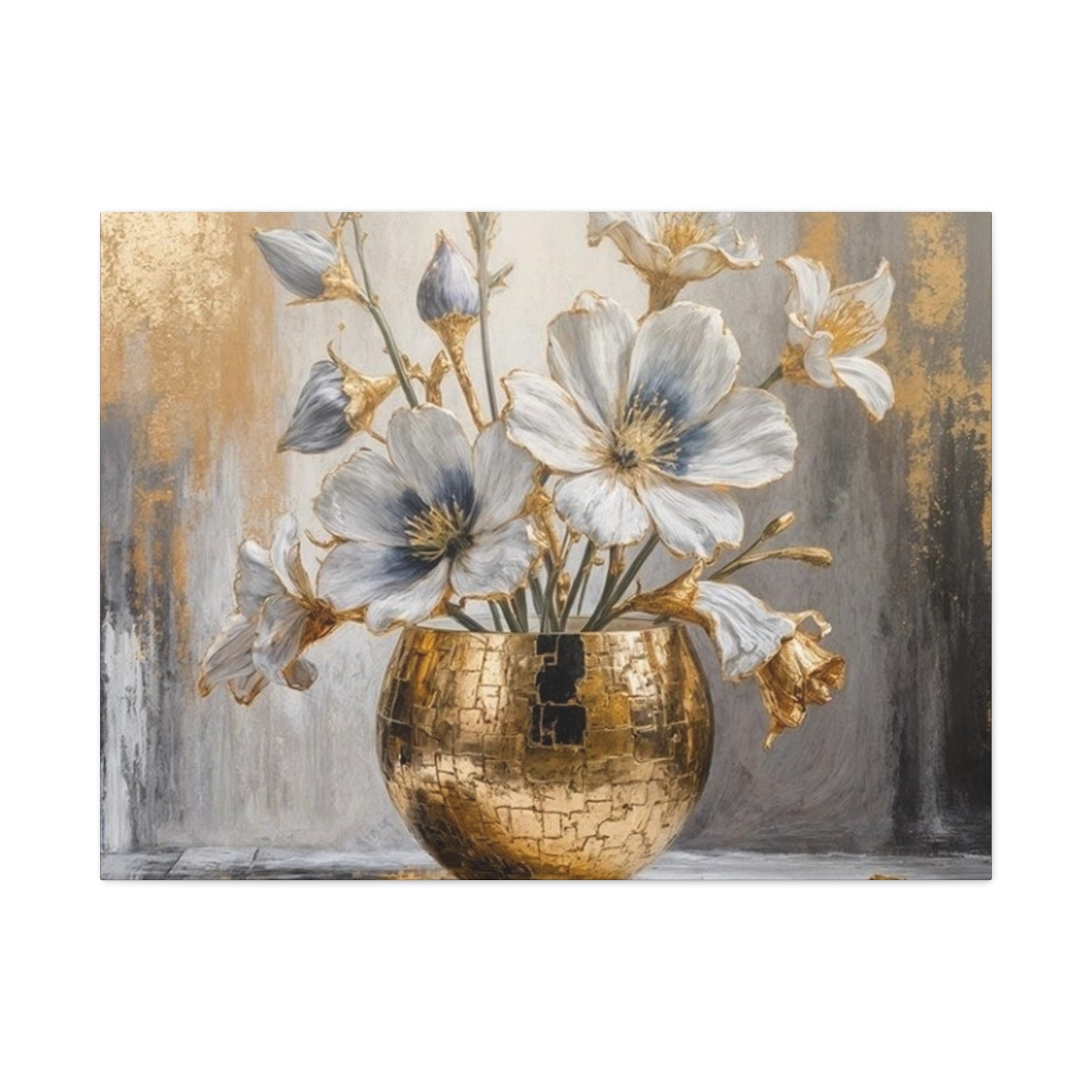Floral Gold Vase Canvas Print — Elegant White & Blue Flower Wall Art