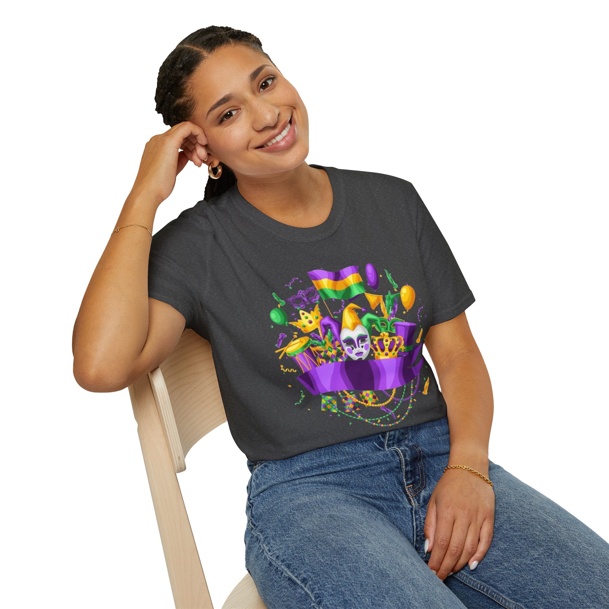 Mardi Gras Carnival T-Shirt — Festive Mask, Beads & Balloon Design