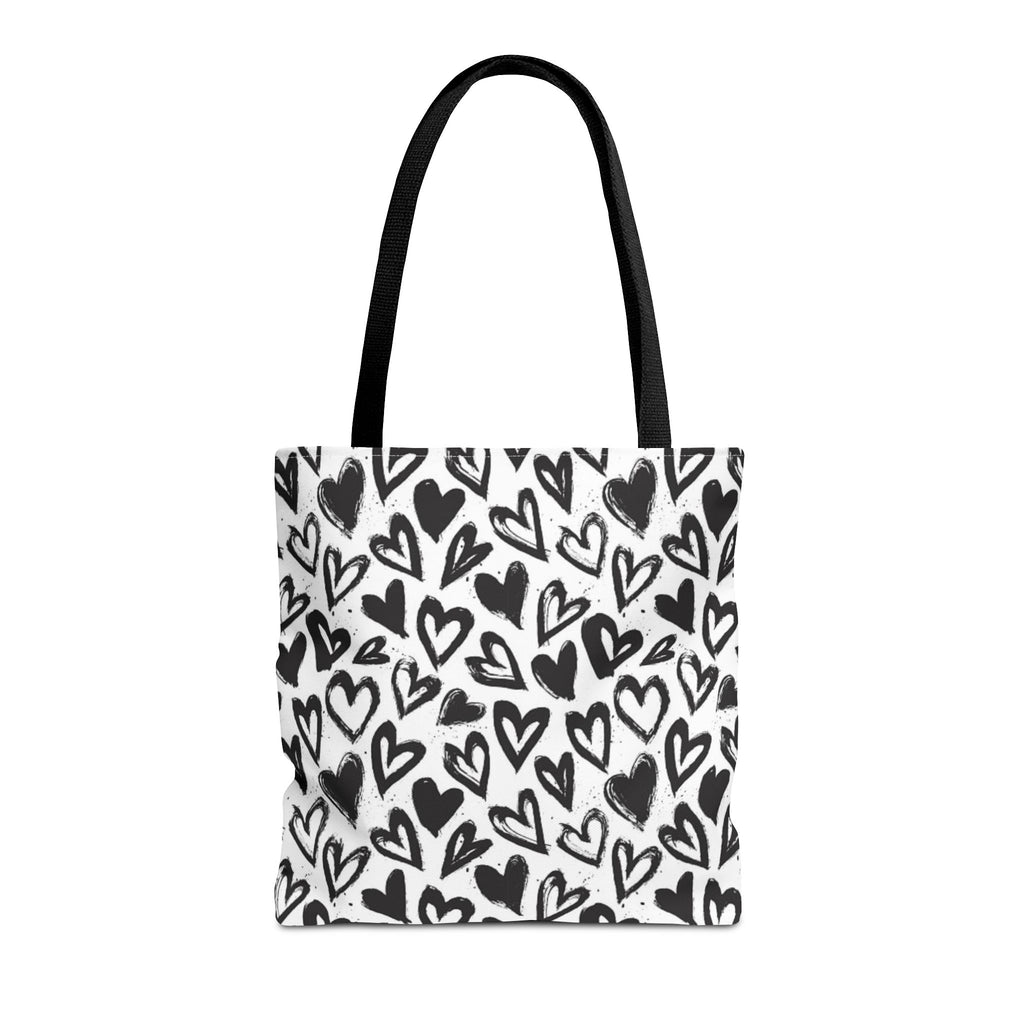 Heart Pattern Tote Bag — Black & White Hand-Drawn Hearts All-Over Print