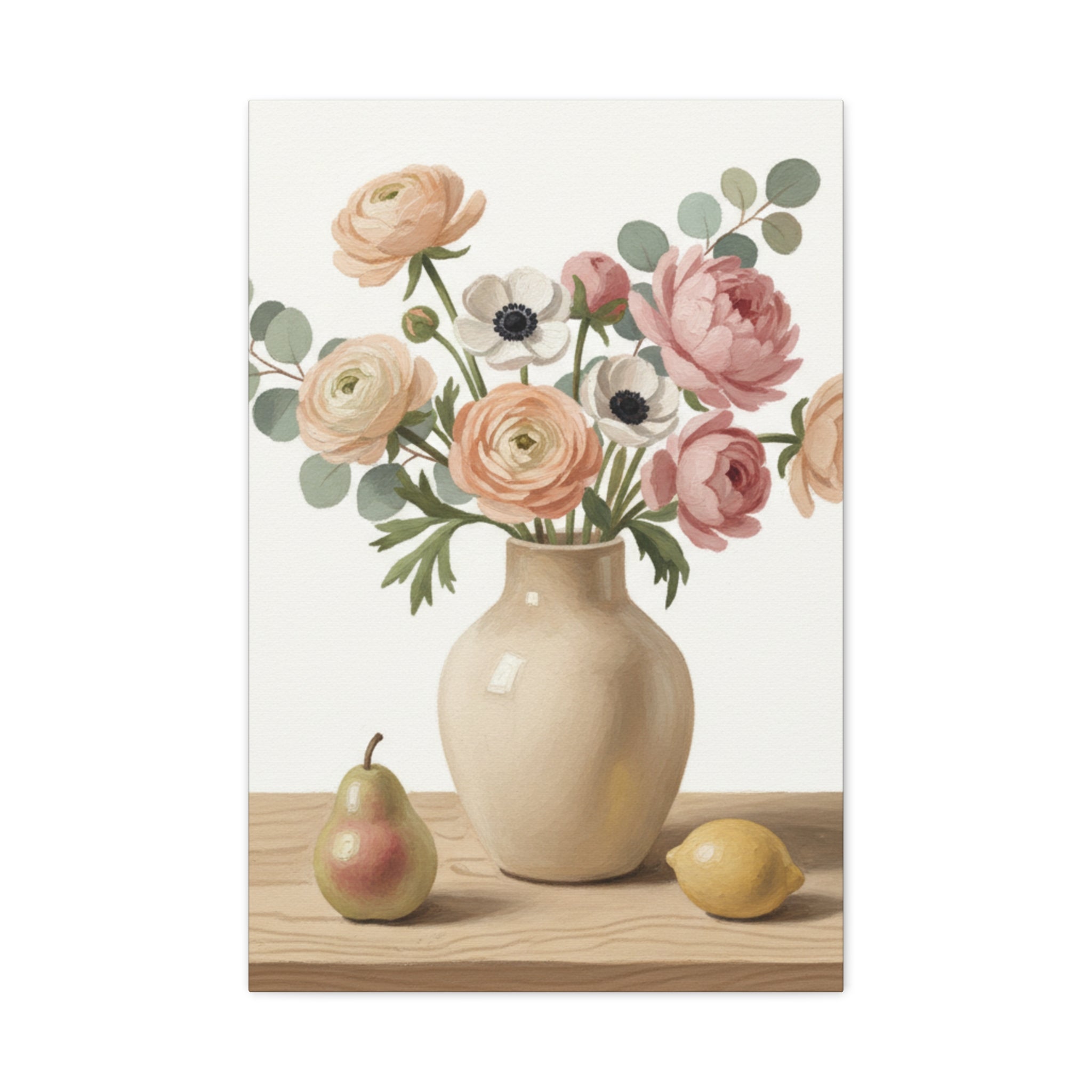 Floral Vase Canvas Wall Art — Pastel Peonies & Ranunculus Stretched Print