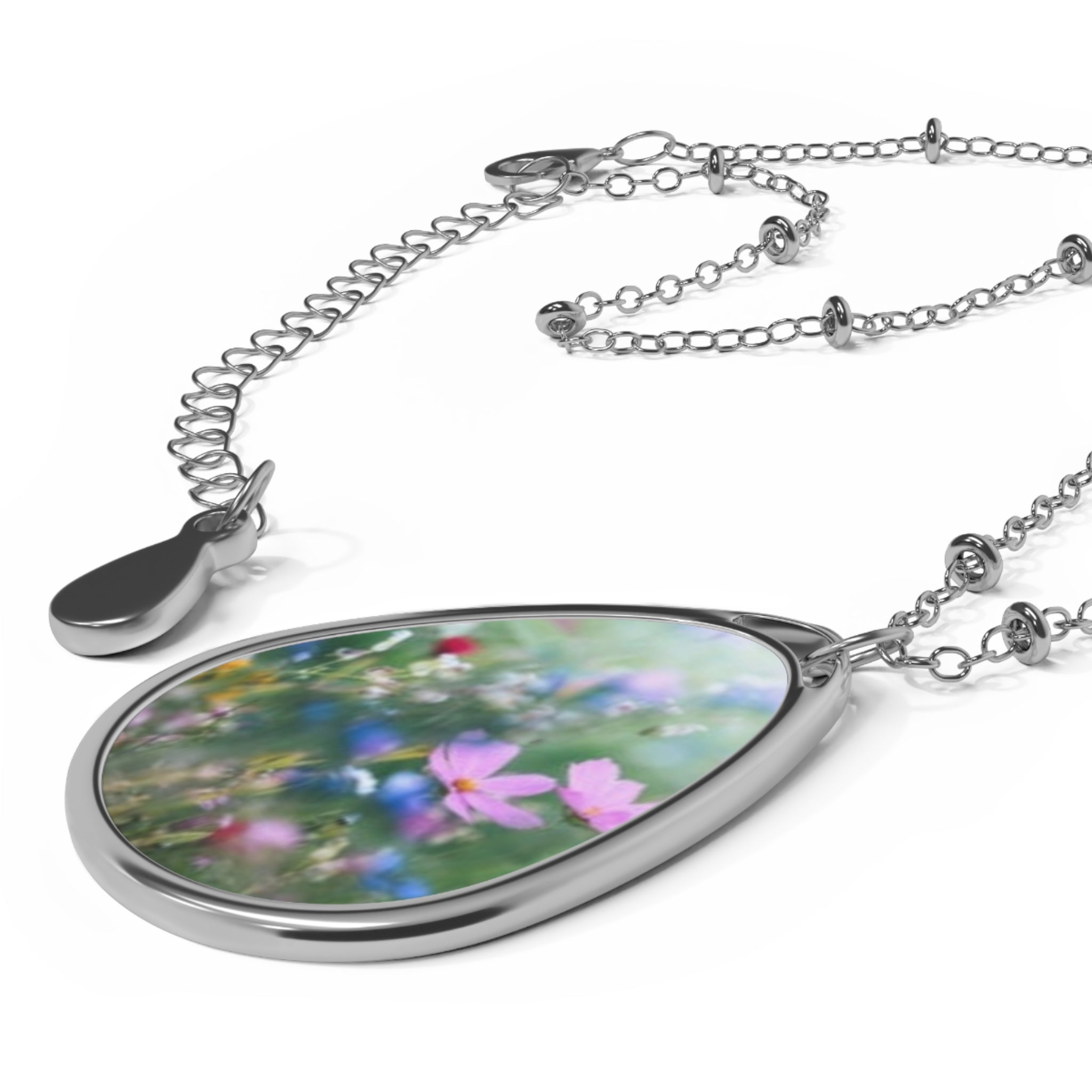 Spring Meadow Oval Pendant Necklace — Floral Photo Teardrop Jewelry