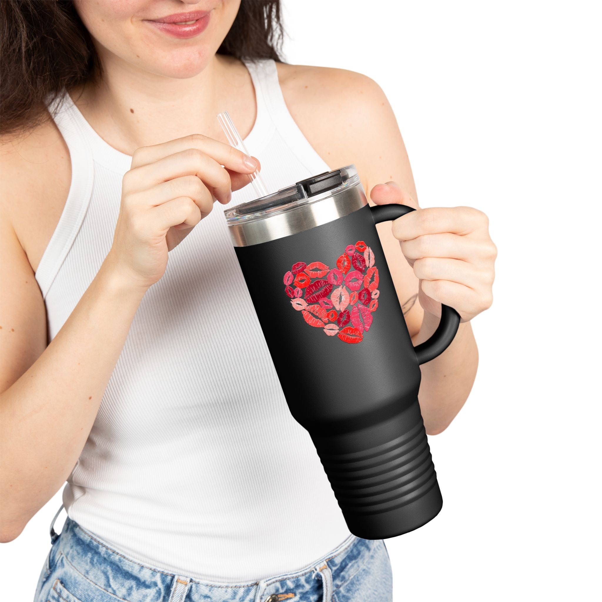 40oz Insulated Travel Mug — Pink Lipstick Kiss Heart Design